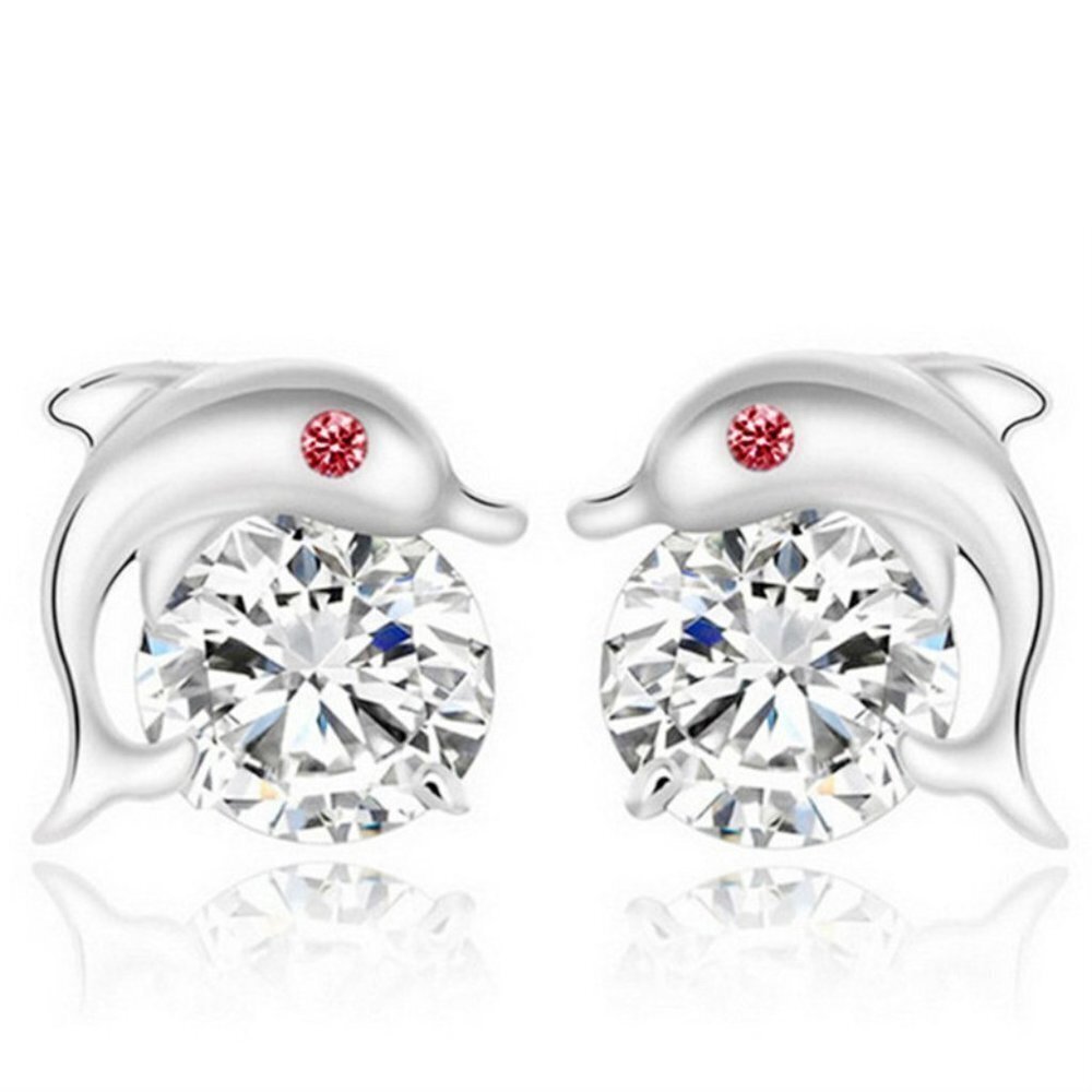 🌸  925 Silver Red Eye Dolphin Zircon Stud Earrings for Women, FB16FA1012